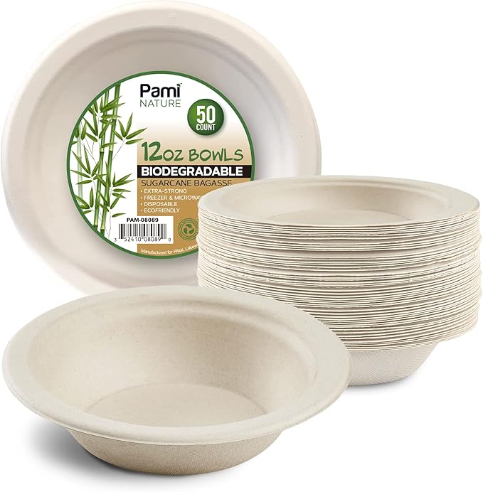 PAMI 100% Biodegradable Sugarcane Bowls [Pack of 50] 12 oz. Natural Compostable Soup Bowls- Planet-Friendly Bagasse Bowls For Hot & Cold Uses- Heavy-Duty Disposable Microwavable Paper Serving Bowls