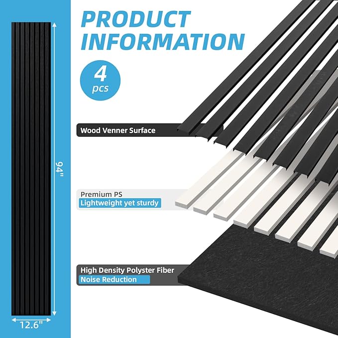 Art3d 4-Piece 94 x 12.6 Inch Acoustic Lightweight Slat Wall Panel - Waterproof Wood Textured Wainscoting Panel of 33 Sq.Ft for Bedroom, Home Theater Office Accent Wall, Matte Black