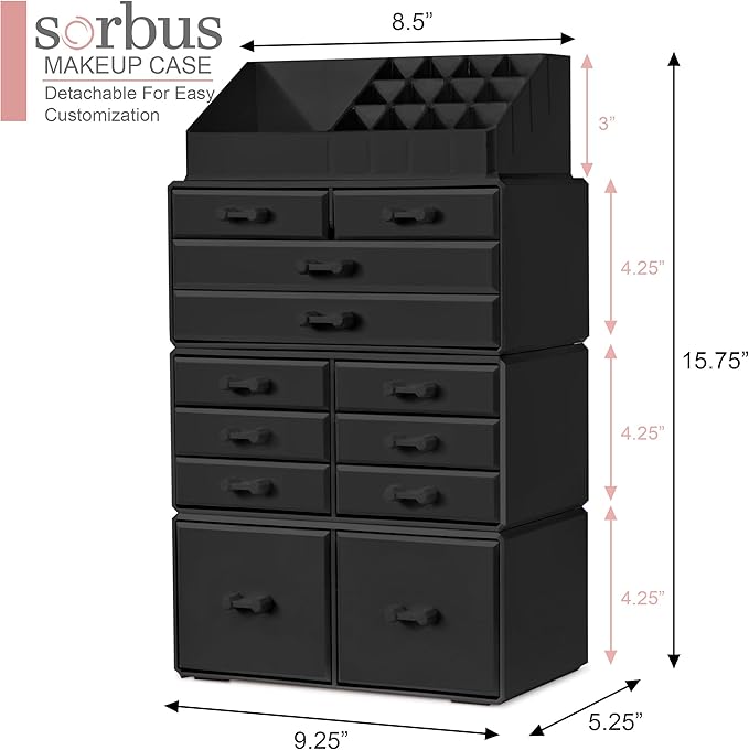 Sorbus Large Makeup Organizer - Stackable Jewelry & Makeup Organizer For Vanity, Bathroom Storage, Dresser - 12 Drawers Cosmetic Beauty Organizers and Storage with Lipstick, Makeup Brush Holder