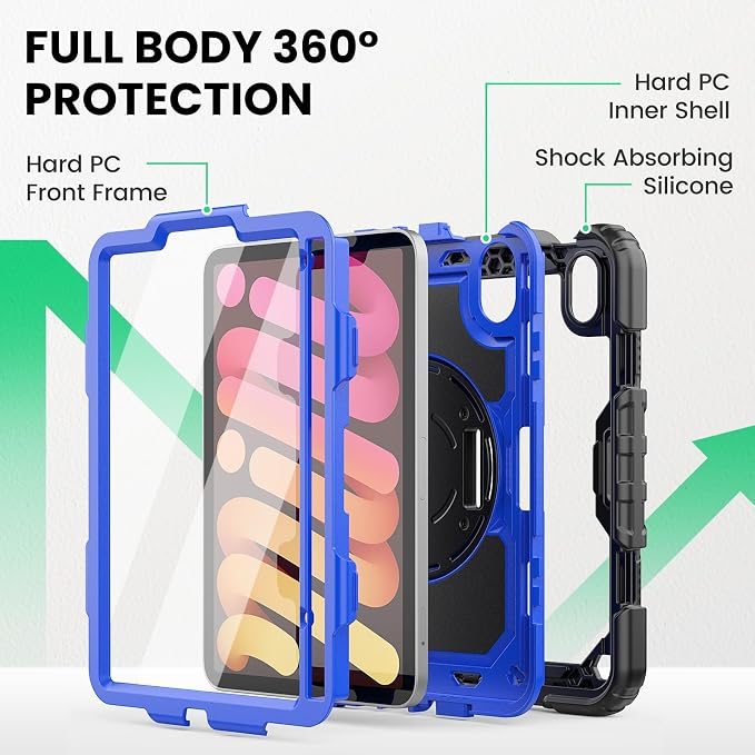 SEYMAC for iPad 9th/8th/7th Generation Case 10.2 2021-2019 Full-Body Shockproof Protective Case with Screen Protector Rotating Stand/Handle/Shoulder Strap for iPad 10.2 Blue/Black