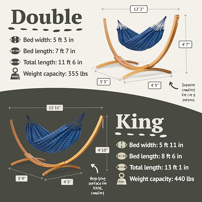 LA SIESTA® - XL King Brisa Classic Hammock & Elipso Stand - Larch Wood Hammock Stand - Weather & Tear Resistant - Backyard Outdoor Hammock with Stand - Family Hammock and Stand - Max 440 Lbs, Marine