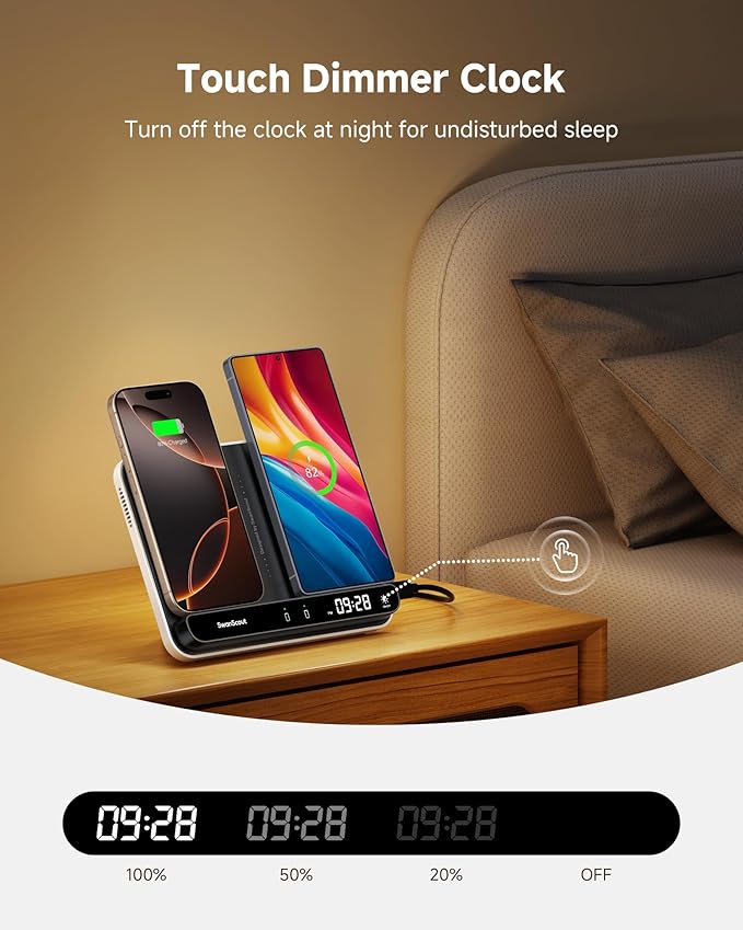Dual Phone Foldable Wireless Charging Station for iPhone Galaxy Pixel | Dual phone charging Foldable portable stand Dimmable clock Case friendly Raised charging area flat mode for earbuds 504