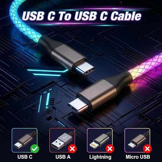 USB C to USB C Cable Light up C to C Cable Fast Charging USBC to USBC Cable | Led Breathing Type C Charger Cable for iPhone 17/16/15 Pro Max MacBook AirSamsung Galaxy S26/S25/S24 Ultra(RGB 6FT)