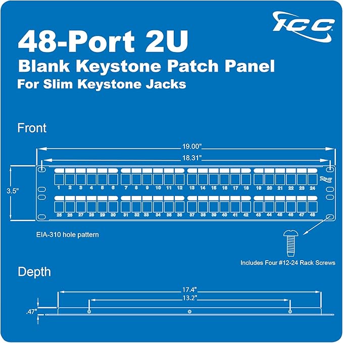 ICC 48 Port Blank Keystone 2U Patch Panel with 19” Metal Rackmount Housing for Slim Profile Keystone Jacks (Sold Separately), UL Listed, IC107BP482