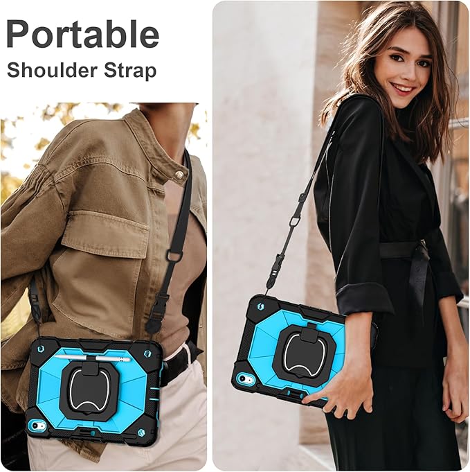 Case for iPad (A16) 11th Generation 11 Inch (2025) / iPad 10th Generation Case 10.9 Inch (2022) with 360° Rotating Stand Screen Protector Pen Holder Shoulder Strap, Black Blue