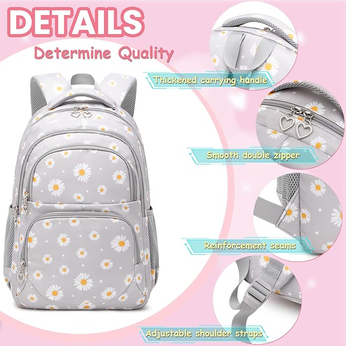 YJMKOI 3Pcs Daisy Prints Backpack for Girls Middle-School Elementary Students Bookbag Set with Lunch Box (Pink)