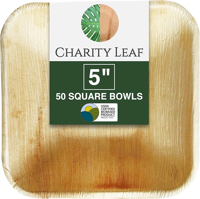Charity Leaf Disposable Palm Leaf 5" Square Bowl (50 pcs) Dipping Bowls | Bamboo Like| All Natural and Biodegradable | Charcuterie Boards, BBQs, and Parties