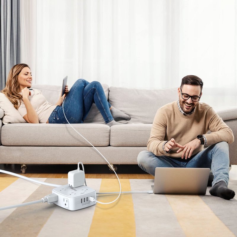 10 Ft Surge Protector Power Strip - YISHU 3 Side Outlet Extender with 8 Widely AC Outlets and 4 USB Ports, 10 Feet Extension Cord with Flat Plug, Wall Mount Desk USB Charging Station, ETL,White