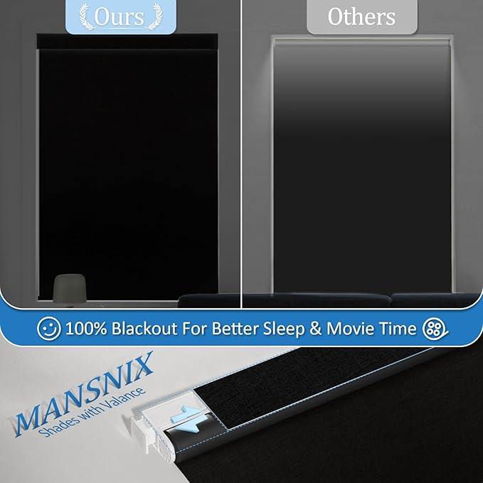 MANSNIX Smart Motorized Blinds with Remote, Cordless No-Drill Automatic Roller Shades, Blackout Electric Blind for Windows, Black, 46.5 x 72