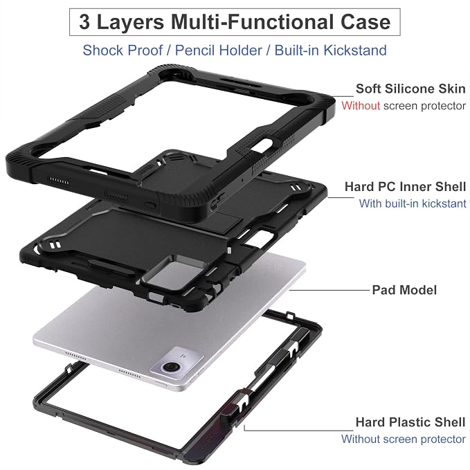 for Lenovo Idea Tab 11 Case 2025/K11 Gen2/Moto Pad 60 Neo 11 Inch 3-in-1 Shockproof Cover w/Pen Holder Soft Silicone &amp Hard PC Horizontal Foldable Stand Screenless Front No Stylus (Black)