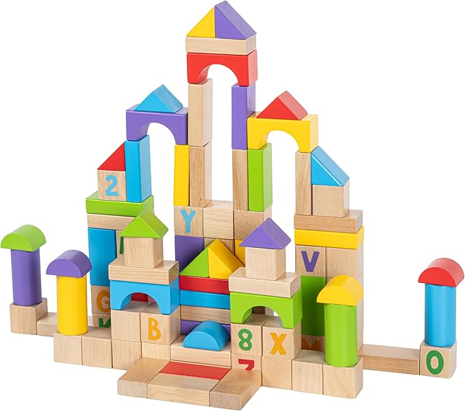 Alphabet Number Wooden Building Blocks Set -100 Blocks in 5 Water Paint Colors and 7 Shapes. Preschool Montessori Kids Baby Toys. Stacking Learning Toys for Toddlers. Age 18 Months +