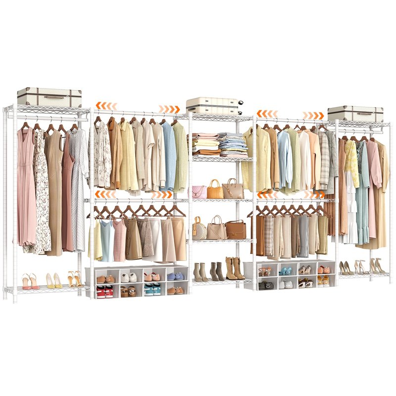ONBRILL E5 Expandable Heavy Duty Garment Rack, Freestanding Closet Organizer System with 9 Wire Shelves & 6 Hanging Rods, Modular Metal Pipe Clothing Rack, Max Load 1350LBS, Portable Closet, White