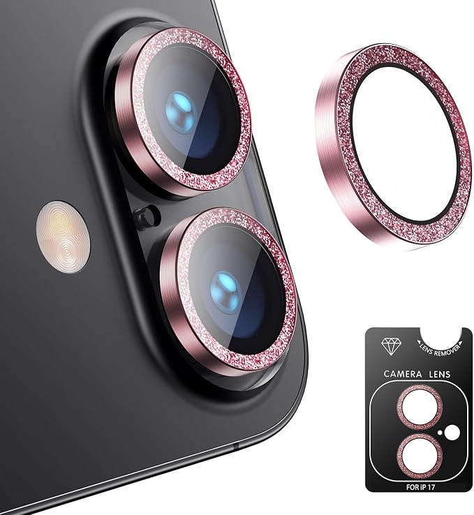 Korecase for iPhone 17/iPhone 16/iPhone 16 Plus Camera Lens Protector Bling 9H Tempered Glass Anti Scratch Camera Screen Protector Shockproof Film Metal Ring Lens Protector Glitter-Black