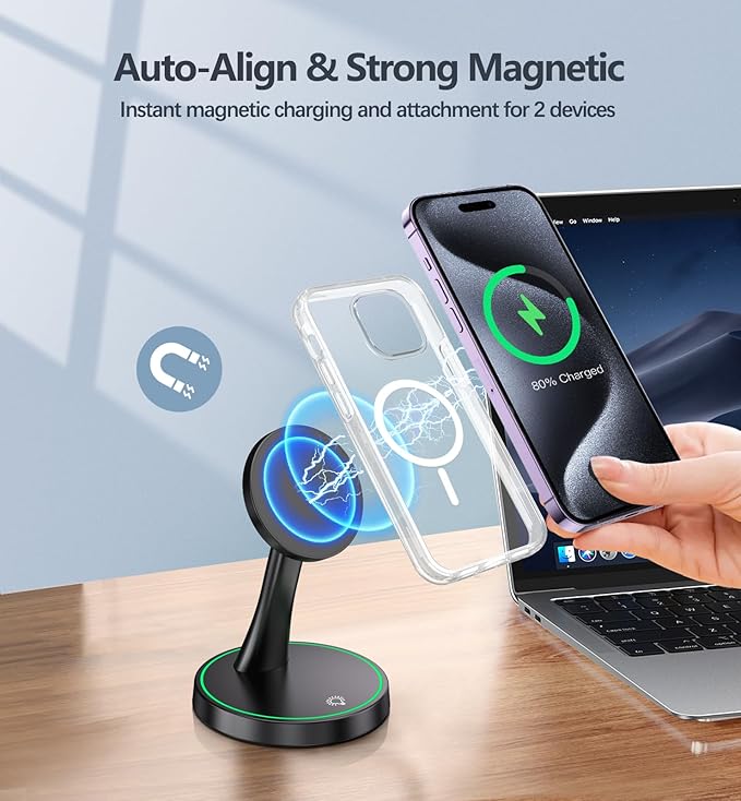 Magnetic Wireless Charger Stand 15W Fast Mag-Safe Charger for iPhone 16/16 Pro/16 Plus/16 Pro Max/15/14/13/12 Series Magnet Wireless Charging Station/Pad with Sleep-Friendly Light for AirPods
