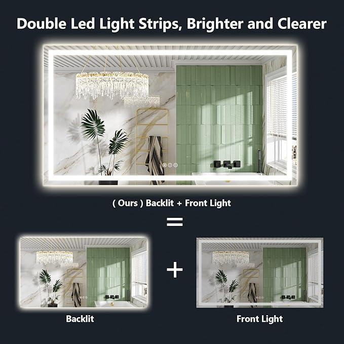 YEELAIT 66x40 Inch LED Bathroom Mirror with Lights Front and Backlit Lighted Vanity Mirror for Bathroom Wall with 3 Colors Dimmable Anti-Fog Memory Shatter-Proof IP54 Waterproof Horizontal/Vertical