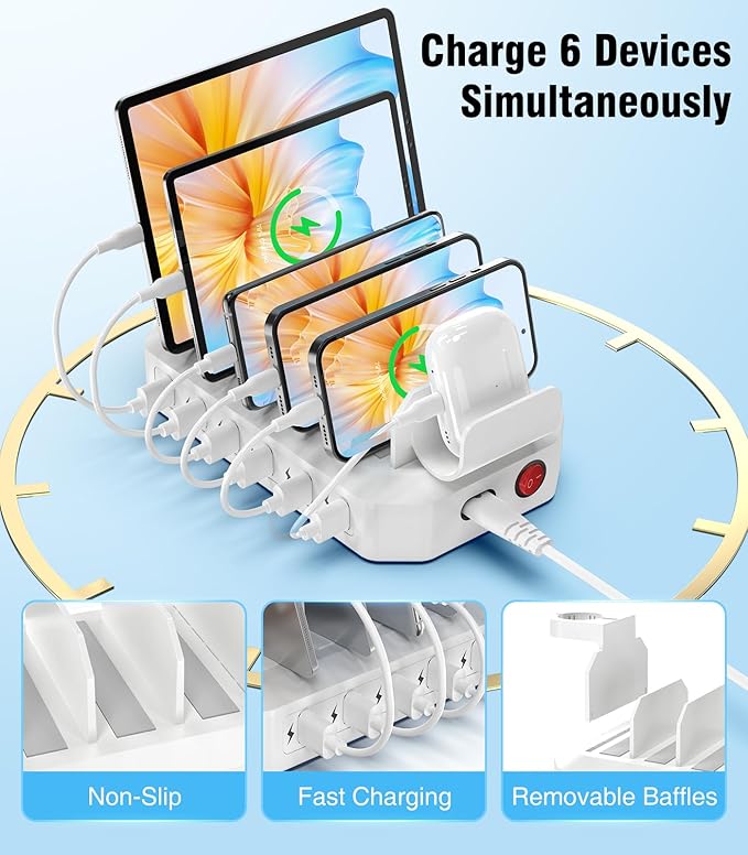 𝟐𝟎𝟐𝟓 𝐔𝐩𝐠𝐫𝐚𝐝𝐞𝐝 Charging Station for Multiple Devices【Smart IC Tech & Adjustable Dividers】 6-Port USB Charging Dock Compatible w/iPhone/Android/MacBook/Tablet/Kindle & Other Electronic
