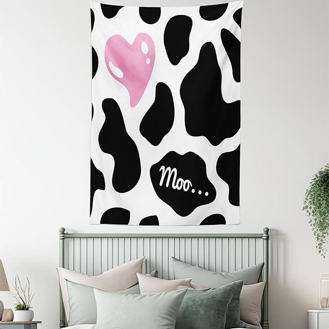 Ambesonne Cow Print Tapestry, Camouflage Hide Skin Pattern in Pastel Color Shades Heart Shape Moo, Fabric Wall Hanging Decor for Bedroom Living Room Dorm, 23" X 28", Pink Black White