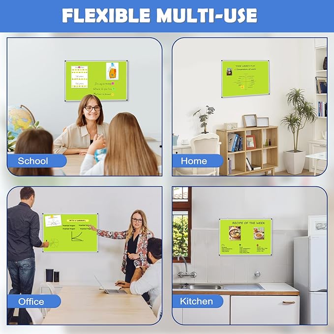 WALGLASS Magnetic Whiteboard 36"x24" Dry Erase White Board for Walls with Pen Tray, Aluminium Frame and Dry-Wipe Writing Surface for Drawing, Home, and Office (Green)