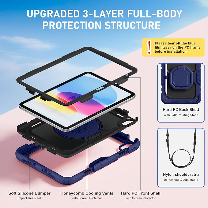 Case for iPad (A16) 11th/10th Generation 11/10.9 2025/2022 Black | Full-body Heavy Duty iPad A16 Case for Adults Kids with Screen Protector 360° Rotating Stand Shoulder Strap Pencil Holder