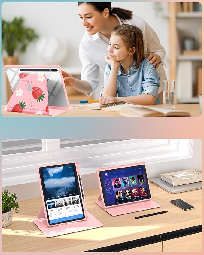 Wazzasoft for Samsung Galaxy Tab S7/S7 Plus/S8 Plus Case - 12.4 Inch Folio Cover with Pencil Holder - Women/Girl Cute Girly Black Flower Unique Design - Rotating Tablet Case