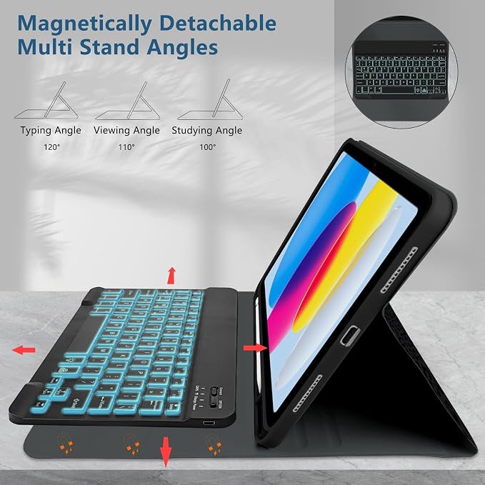 for Bluetooth Keyboard for iPad 10th Gen 10.9 inch (2022) case (A16) 11th / 10th Gen Case 11'' (2025) with 7-Color Backlights Pencil Holder Detachable Rechargeable - Black Cow