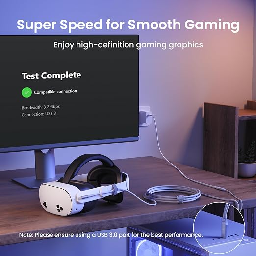 KIWI design Link Cable with Charging 16FT USB 3.0 to USB C White | Compatible with Quest 3S/3/2/Pro/Pico 4 Accessories and PC/SteamVR Link Cable with 5Gbps Super Speed for Extended Gameplay