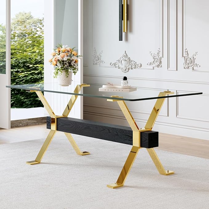 Glass Dining Table 71"｜Modern Dining Table for 6-8｜0.4" Thick Tempered Glass Top｜Chrome Gold Metal Legs｜Black Crossbar｜Easy Assembly｜Perfect for Dining Room or Kitchen