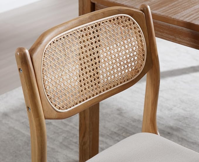 EALSON Mid Century Modern Rattan Dining Chairs Set of 4 Upholstered Linen Dining Room Chairs with Cane Back Farmhouse Kitchen Chairs Comfy Side Chair with Hardwood Frame,Beige