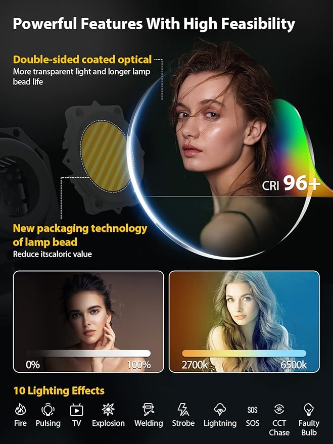 Video Light, COLBOR CL220 Lite 220W Continuous Lighting 2700-6500K Bi-Color CRI96+ 9,430Lux@3.3ft with 10 Light Effects for Film Photography【Carrying Bag and Reflector NOT Included】