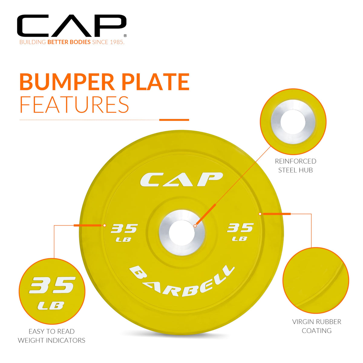CAP 160 lb Competition Olympic Bumper Plate Set, Color-Coded 2-Inch Olympic Plates, Low Bounce Virgin Rubber Weight Plates with Steel Hub for Weightlifting, Strength Training & Home Gym Workouts