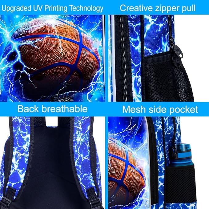 KLFVB 3PCS Boys Backpack, 17" Kids Bookbag and Lunch Box, Water Resistant Teenagers School Backpacks for Middle Elementary - Lightning Basketball