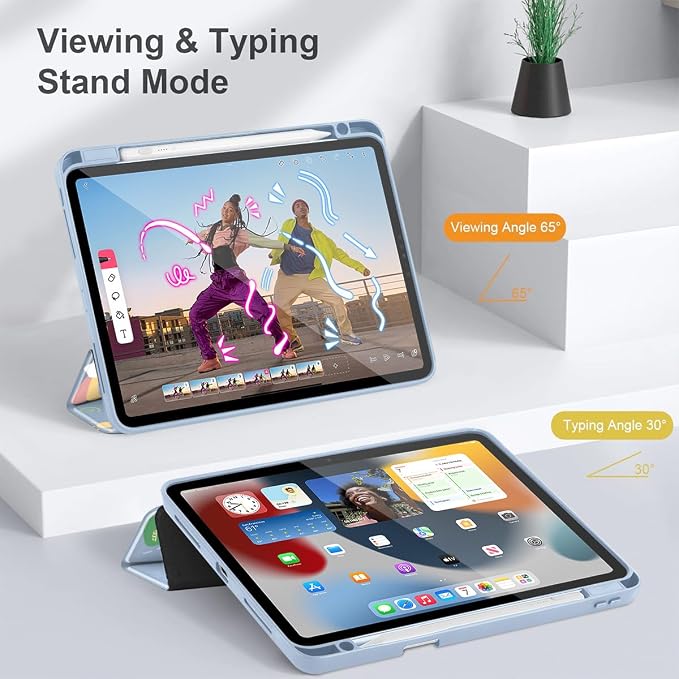 May Chen Case for iPad 12.9 Inch (6th/5th/4th/3rd Generation 2022/2021/2020/2018) Pencel Holder + Trifold Support Auto Sleep/Wake Transparent Shockproof Back Cover Blue Bows