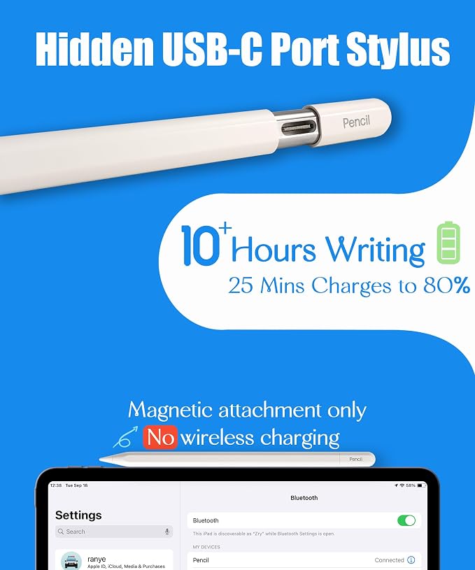 Pencil USB-C for Apple iPad 2018-2026: Slide-Switch Hidden-Port Stylus with Tilt Sensitivity &amp Palm Rejection Pen for iPad 6-11th Mini 5-7th Air 3-5th/M2/M3 Pro 11/12.9/13(M4/M5) Black