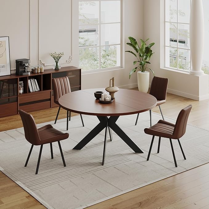 45.3" Walnut Round Dining Table Set with 4 Chairs – Mid-Century Modern Small-Space Kitchen & Dining Room Furniture for Apartment or Breakfast Nook (Boxwood – Table + 4 Brown Chairs)