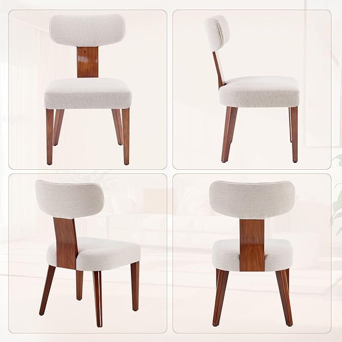 Dining Chairs Set of 6, Mid-Century Modern Upholstered Kitchen Chairs with Curved Backrest and Linen Fabric Seat, Wood Leg Accent Chairs for Dining Room, Living Room, Bedroom, Linen Beige
