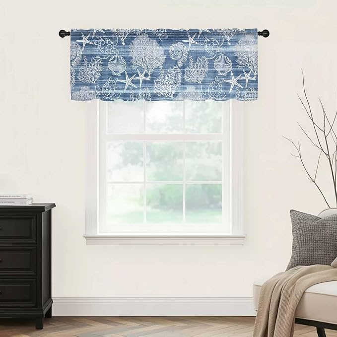 Navy Blue Retro Summer Sheer Valance Curtains, Sea Turtle Starfish Coral Ocean