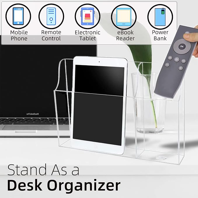 Clear Wall Tablet Holder Acrylic Wall Mounted Phone Holder for iPad Remote Control Holder Laptop Stand for eReader Storage Caddy with Charging Holes for Kindle iPhone