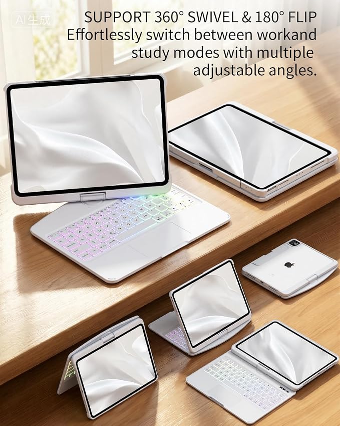 360°Rotation Bluetooth Keyboard Case for iPad 11th Gen（A16）10th 10.9 inch | iPad keyboard case 11/10th generationTouchpadKeyboard Battery Level Visualization360° rotateand 180° flip7-color backlit
