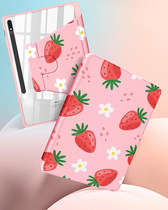 Wazzasoft for Samsung Galaxy Tab S7/S7 Plus/S8 Plus Case - 12.4 Inch Folio Cover with Pencil Holder - Women/Girl Cute Girly Black Flower Unique Design - Rotating Tablet Case