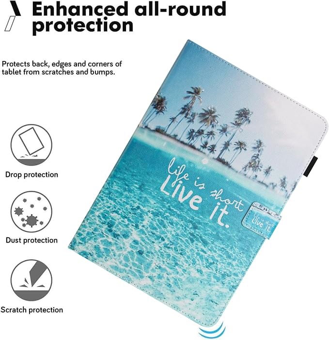 Universal Case for 10 Inch Tablet Multi-Angle Viewing Stand Case for 9.5-10.5 Inch Tablet Premium PU Leather Folding Stand Cover with Pen Holder &amp Multiple Angles Stand - Beach