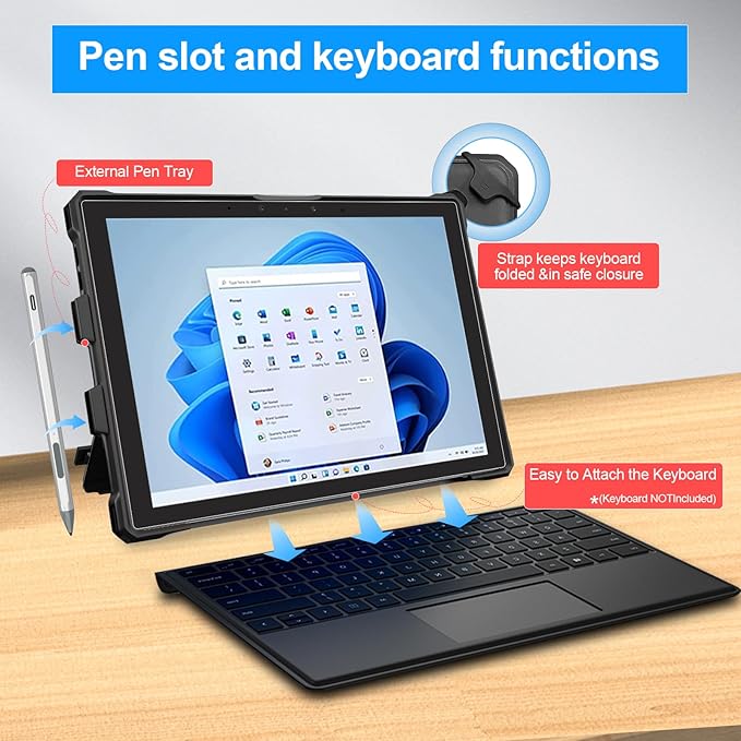 Case for 12.3 Microsoft Surface Pro 7+/7/6/5/4 Protective Rugged Cover Case with Surface Pen Holder and Hand Strap Compatible with Surface Pro Type Cover Keyboard (Black)