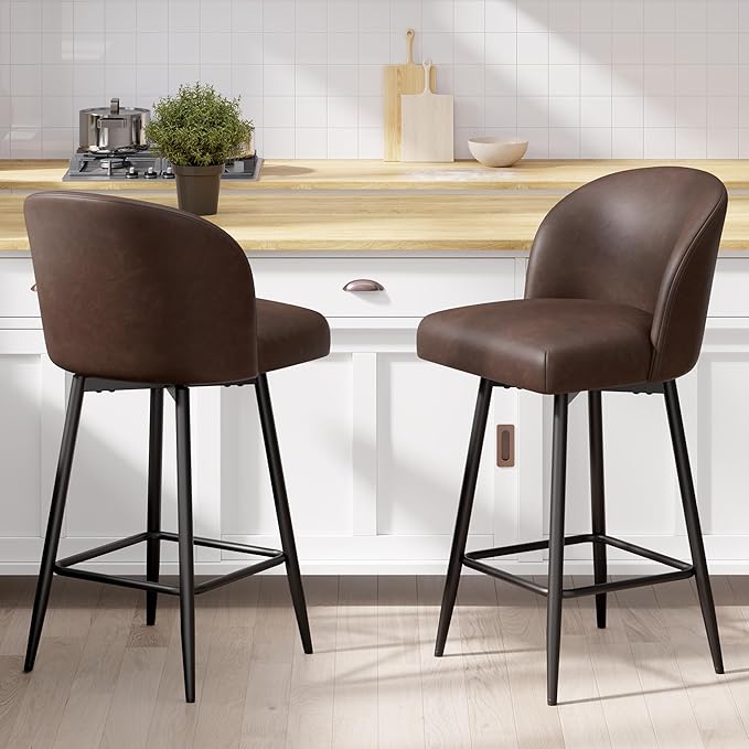 Counter Height Bar Stools Set of 2,360° Swivel Barstools with High Back and Metal Legs,26" Seat Height, Upholstered PU Leather Bar Chairs for Kitchen Island, Dining Room,Cafes,Dark Brown
