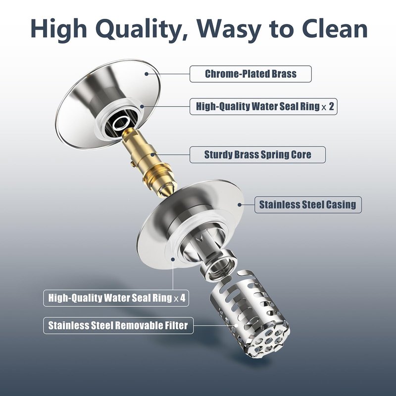 HUAERSICO Pop Up Bathroom Sink Stopper, Universal Bathroom Sink Drain Strainer with Hair Catcher, for 1.1"-2.17" Drains, Brass Core & Stainless Steel Mesh