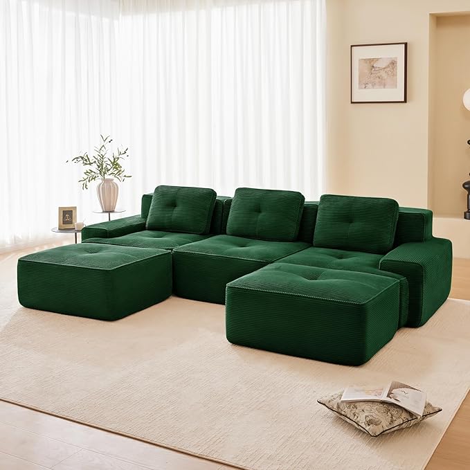115" Modern Corduroy Cloud Sofa with Ottoman, U Shaped Boneless Modular Large Sectional Couches for Living Room, Green 3 Seater Compressed Memory Foam Couch, Extra Deep Seat, No Assembly