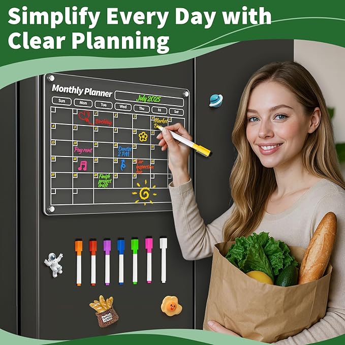 FINDMAG Acrylic Magnetic Dry Erase Board Calendar for Refrigerator, Magnetic Whiteboard for Fridge, 16"x12" Monthly Magnet Calendar for Refrigerator with 8 Colorful Highlight Markers
