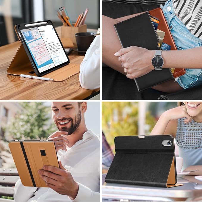 DTTO for iPad (A16) 11th Generation 11-inch &amp 10th Gen Case Brown | Premium Leather Business Cover with Pencil Holder Hand Strap &amp Pocket Corner Protection Auto Sleep/Wake for Work &amp