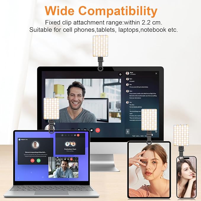 TONEOF Portable Selfie Light,Rechargable 60 LED PhoneLight with Clip & Double 1/4" Screw Hole,2500k-9000K Dimmable for iPhone,Android,Laptop,Tablet,Selfie/Video Conference