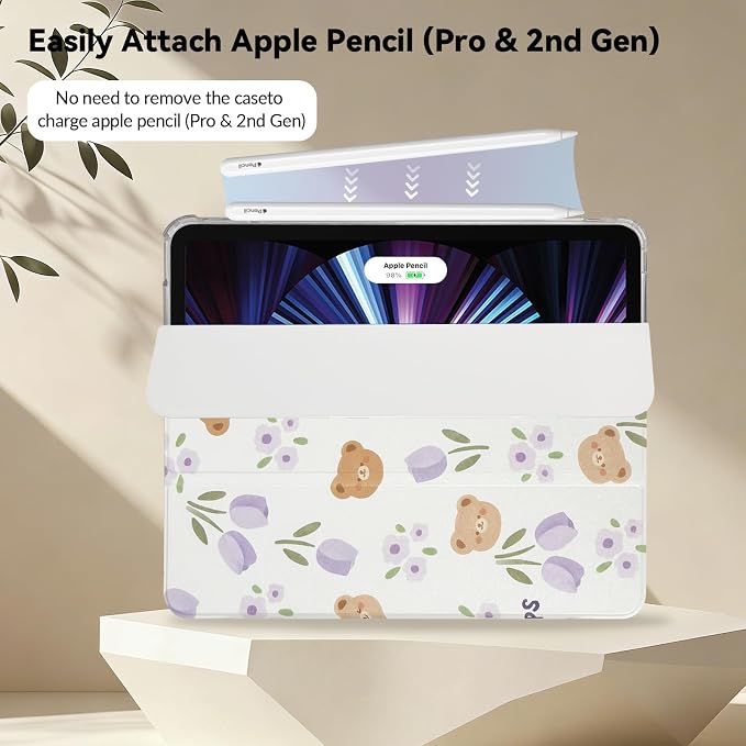Lovmooful for iPad 9/8/7 Gen Case with Pencil Holder Cute-Bear Flower | Fit for iPad 9/8/7 (10.2-Inch2021/2020/2019 Model9th/8th/7th Generation)Soft TPUTrifold StandProtectiveGirly
