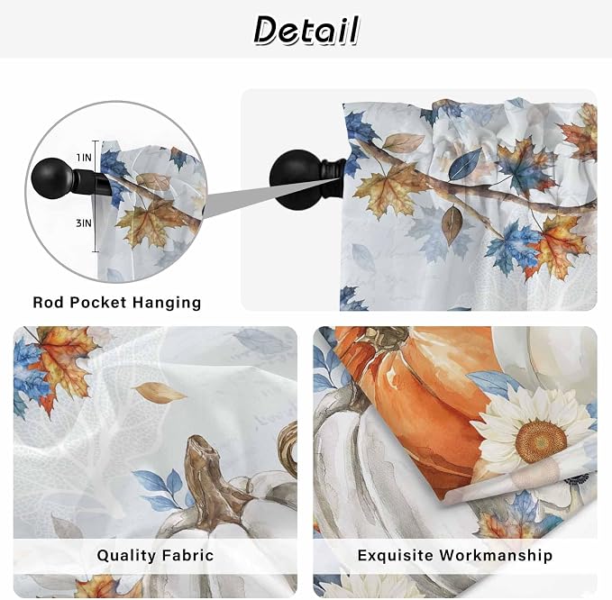 Fall Blue Maple Kitchen Tier Curtains 45 Inch Long 2 Panel Set, Rod Pocket