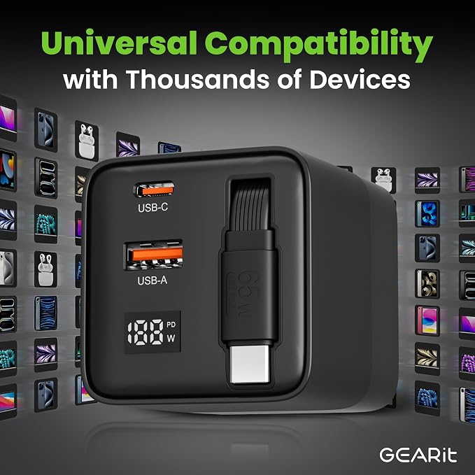 GEARit 65W GaN Charger Retractable USB C Cable + 2 Ports Digital Display | Retractable USB-C wall charger for iPhone Samsung Galaxy Watch earbuds. Foldable plug GaN fast charge wattage display